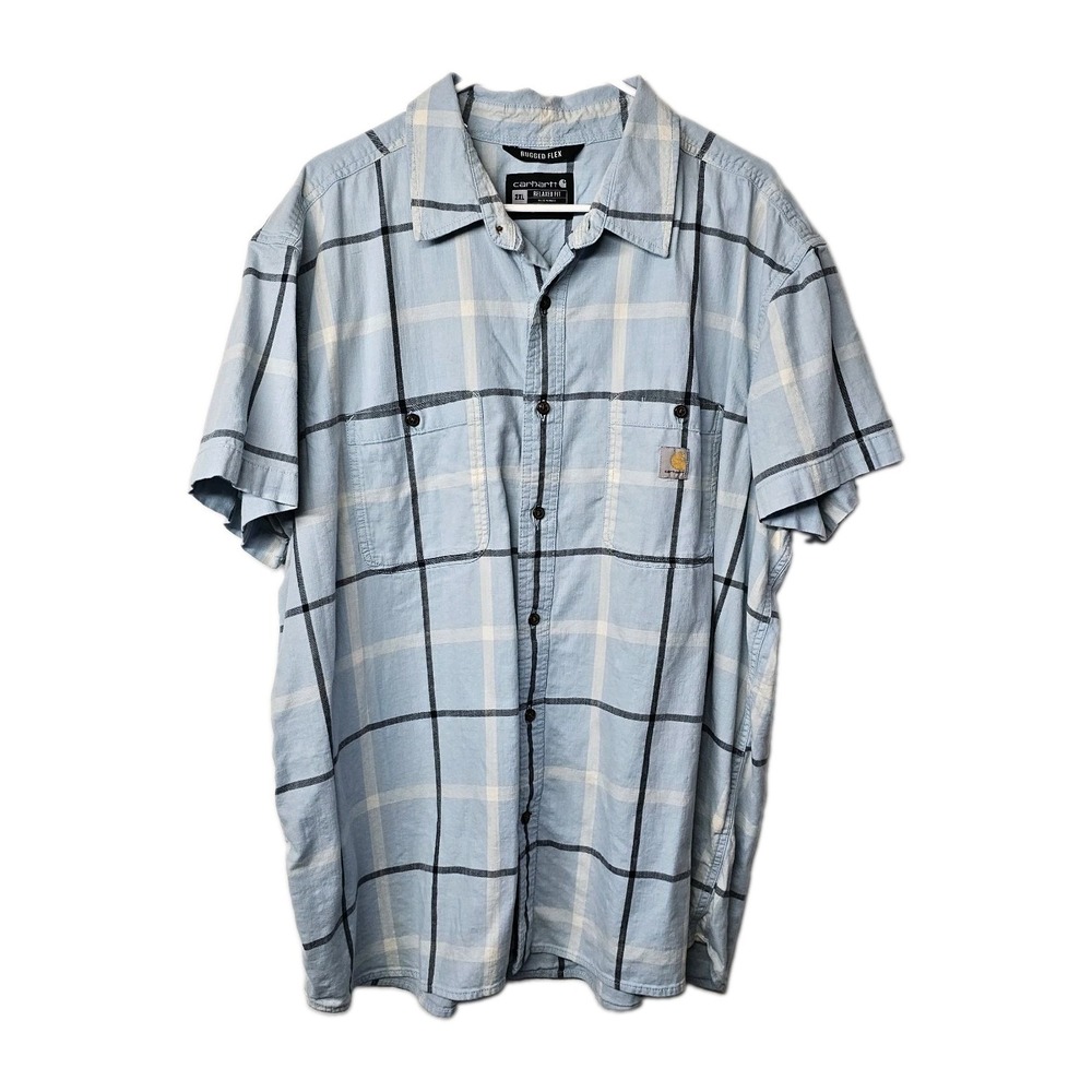 Carhartt Rugged Flex Relaxed Fit Men Blue Plaid Button Up Short Sleeve Shirt 2XL